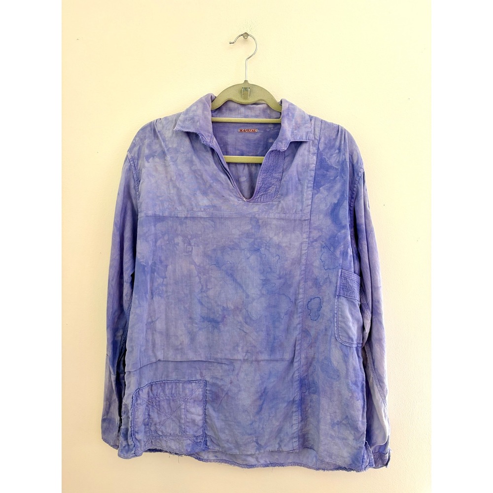 KAPITAL Chore Lavender Linen Patchwork Pullover Shirt Distressed Lagenlook L/XL
